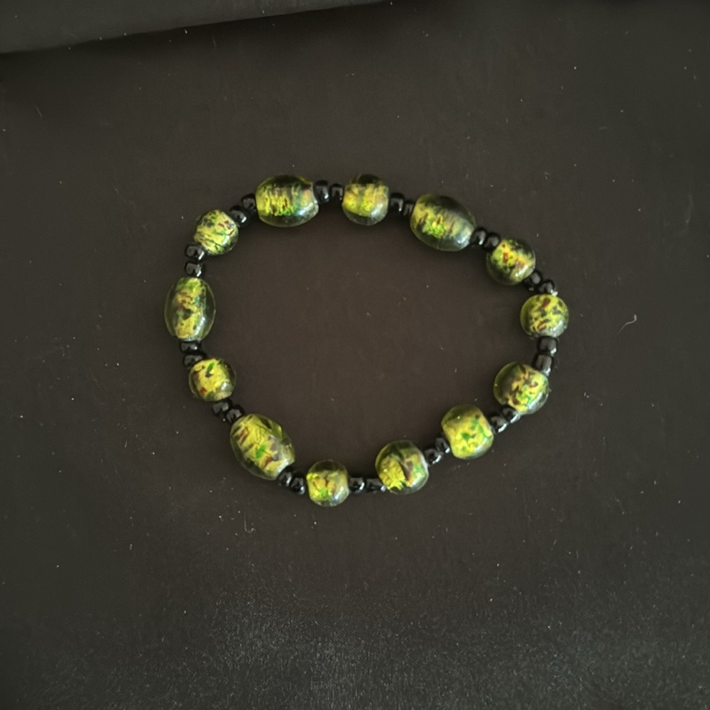 Vintage Murano Bracelet Glass green beaded gold spun with black beads